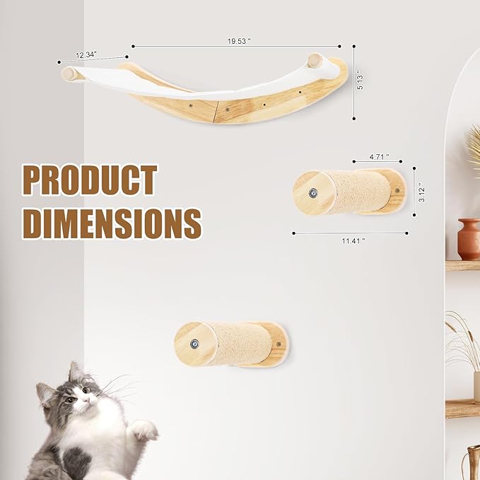 Cat Wall Furniture, 3 Pack Cat Wall Shelves Set, Solid Rubber Wood Cat Wall Steps and Hammock for Sleeping, Playing, Scratching, Climbing