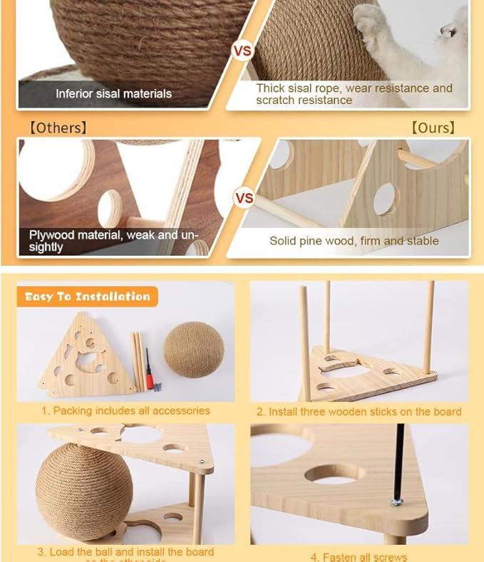 Cat Scratcher Toy,Natural Sisal Rope Cat Scratching Ball Scratcher Toy with Ball for Cats& Kittens&Dogs&Puppy, Interactive Solid Wood Scratcher Pet Toy (Small)