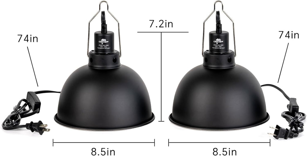 2 Pack Reptile Light Fixture, 8.5in Deep Dome Reptile Lamp Fixture, Optical Reflection Cover, Separate Switche & Hook, Terrarium Light Fixture for Reptile Heat Basking UVB Bulbs, 150W, Black