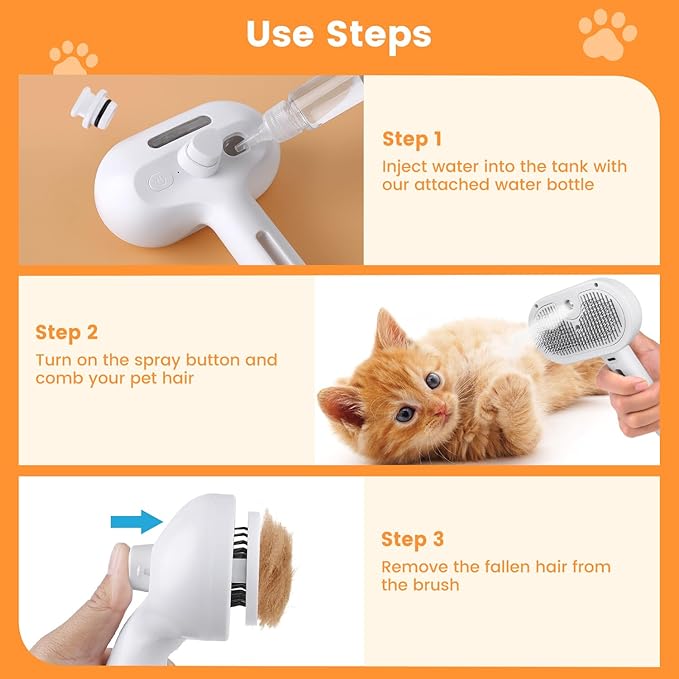 3 in 1 Cat Steam Brush, Pet Spray Hair Removal Comb for Shedding & Grooming, Water Brush for Cats Dogs Small Animals Long Short Haired with One-Click Release Button(White)