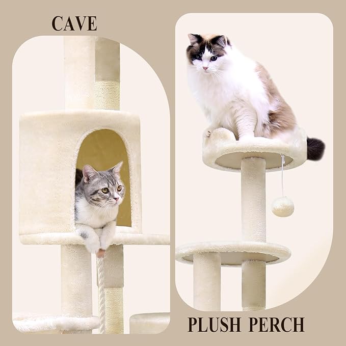 C81 Artistic Curved Cat Tower for Small Cats(Under 12 lbs), 81-inch Slim Design Cat Tree with Space-Saving Design, Indoor Cat Condo with Hammock & Tunnel, Beige, Non-Large Cats