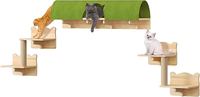 DWVO Solid Wood Cat Wall Shelves and Perches for Wall, Pine Wooden Wall Mounted Cat Furniture, Set of 7 Cat Climbing Shelves with Wall Steps, Scratching Post and Cat Tunnel