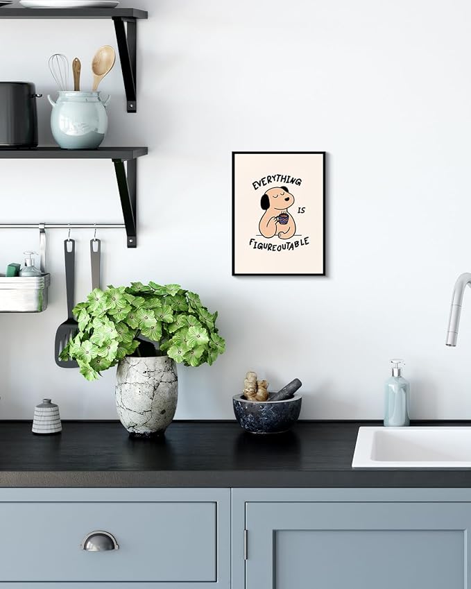 12"x16" Cozy Cute Motivational Framed Canvas Inspirational Wall Art, Uplifting “Everything Is Figureoutable” Wall Decor, Positive Quote Dog Coffee Modern Artwork Home Office Decor