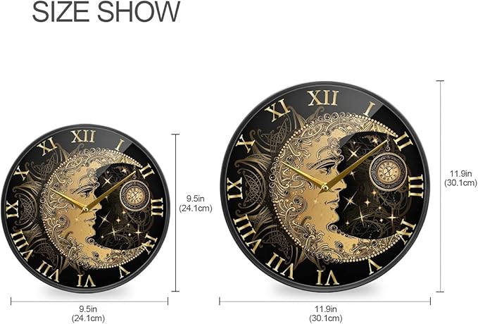 ALAZA Boho Crescent Moon Sun Mandala Wall Clock Battery Operated Silent Non Ticking Clocks for Living Room Decor 12 Inch / 9.5 Inch