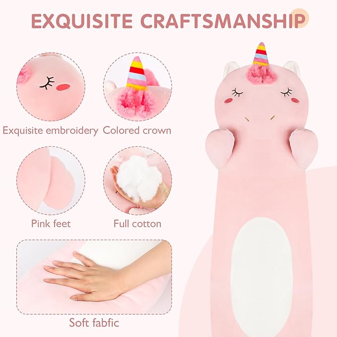 36” Long Unicorn Plush Body Pillow, Kawaii Cute Pink Unicorn Stuffed Animals, Hugging Squishy Pillow Soft Plushies Toys, Gifts for Girls Boys Kids Birthday Easter