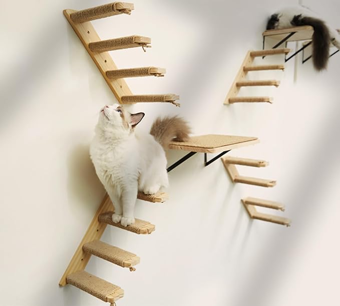 Cat Climbing Shelves Four Stair Shelf Wall Mounted Reversible Left & Right Direction, Cat Stairway Shelf for Climbing with Sisal Rope Ladder Cat Wall Furniture
