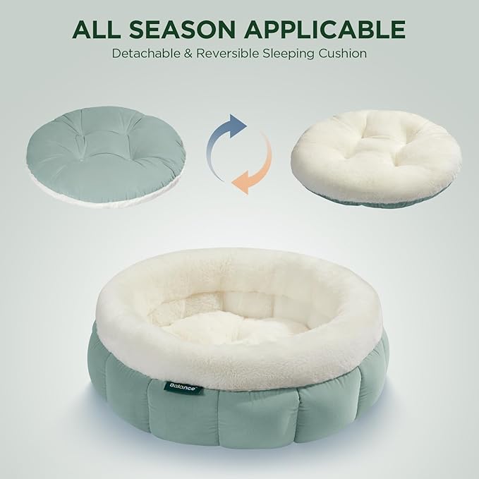 BALANCE Round Cat Beds for Indoor Cats - Donut Dog Bed for Medium Dogs, Washable Medium Pet Bed, Round Fluffy Plush Faux Fur Cat Bed with Anti-Slip Bottom