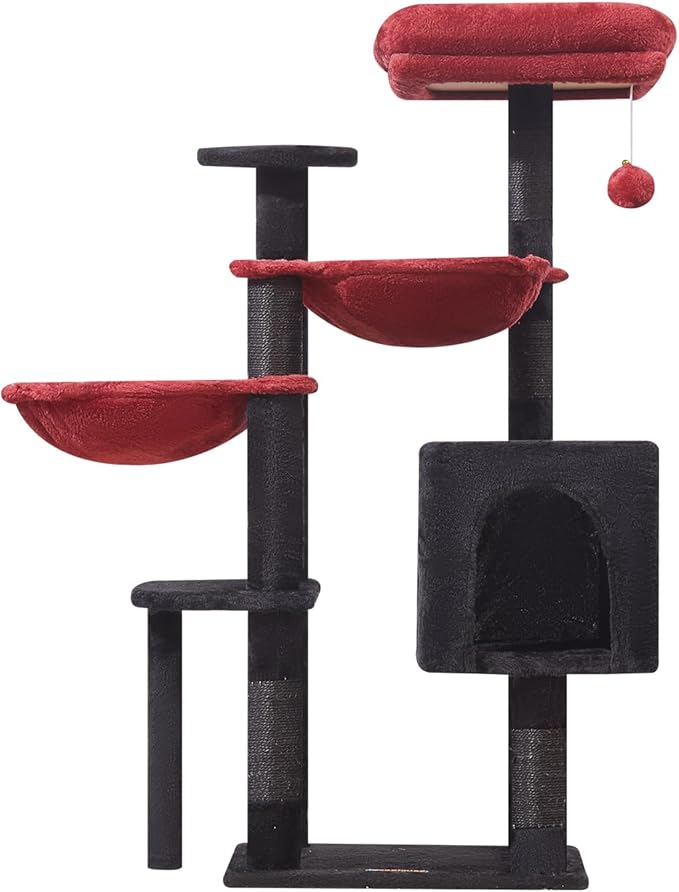 Taoqimiao Gothic Cat Tree, 39.4-Inch Cat Tower for Indoor Cats,Suitable for Kittens,Plush Cat Condo with 5 Scratching Posts, Plush Perch,2 Hammock,Pompoms, MS019BR Black and Red