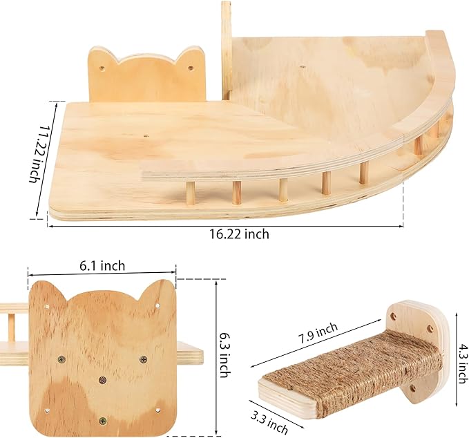 Cat Shelves for Wall, 2 Pcs Cat Wall Shelves with 3 Cat Wall Steps, Wood Cat Wall Furniture Set with Plush Covered, Wall-Mounted Cat Climbing Shelves Cat Perch for Indoor Large Cat (Wood)