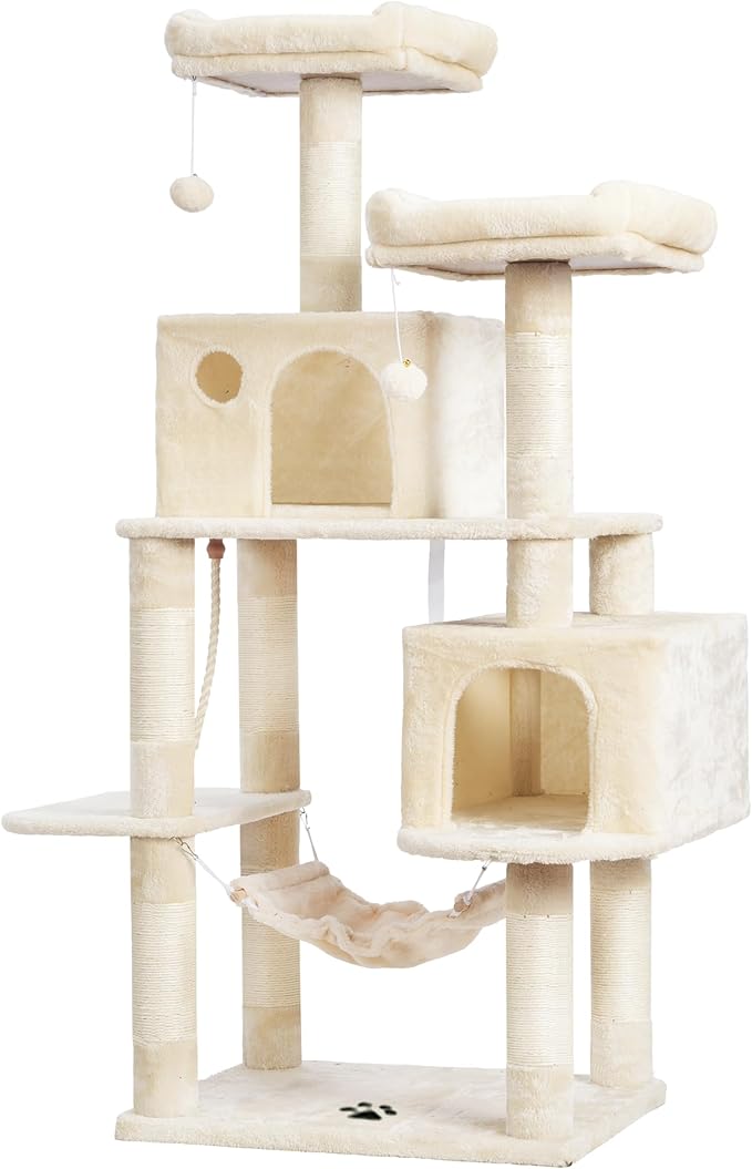 Hey-brother Large Multi-Level Cat Tree Condo Furniture with Sisal-Covered Scratching Posts, 2 Bigger Plush Condos, Perch Hammock for Kittens, Cats and Pets Beige MPJ020M