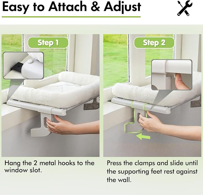 Cat Window Sill Perch with Large Bolster, Easy to Adjust & Assemble Cat Window Seat for Windowsill & Bedside, Cat Hammock Bed for Large Cats and Kittens (White, M)