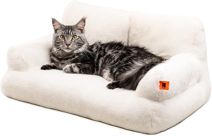 MEWOOFUN Cat Couch Bed for Indoor Cats, Washable Small Dog Beds for Medium Small Dogs & Cats up to 25 lbs, Fluffy Pet Beds with Non-Slip Bottom, 26×19×13 Inch (Beige)