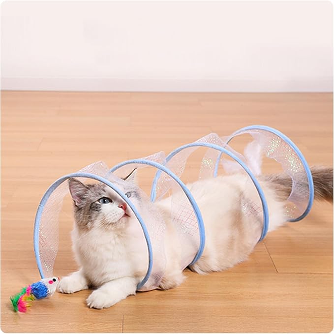 Andiker Folded Cat Tunnel Spring Toy, 10inch Spiral Cat Tunnels Toy with White Feather&Plush Mice&Bell 3 in 1 Folded Cat Tubes Interactive Cat Toys for Indoor Cats to Exercise, Relax (Yellow, S)