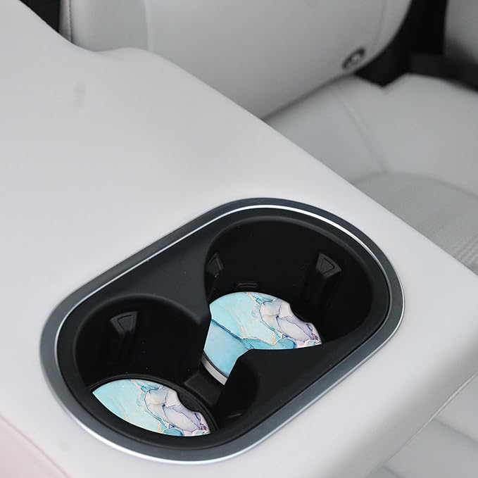 Absorbent Car Coasters 2 Pack for Cup Holders Set for Women/Men, 2.56" Ceramic Stone & Non-Scratch Cork Base Drink Coasters Golden Blue Marble.