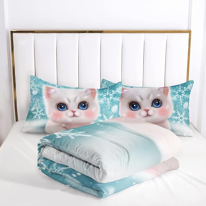 AILONEN Kawaii Cat Comforter Set Full Size, Snowflake Hairy Lovely Cat Bedding for Kids Girl and Toddler,Soft and Lightweight 3Pcs (1 Comforter + 2 Pillowcases) Blue