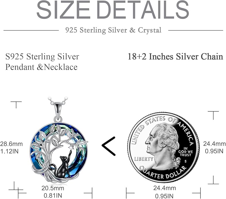 925Sterling Silver Moon Black Cat Necklace for Women Tree of Life Cat Jewelry for Women Abalone Necklace for Cat Lover Birthday