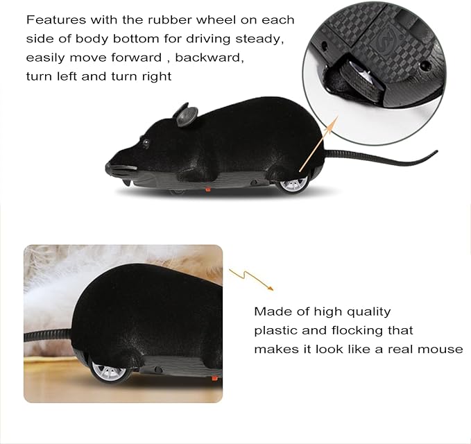 Auto Moving Mouse Cat Toy, Interactive Cat Toys Wireless Electronic Fake Mouse Rat Pet Toy Running Wheel Plush Rat Chasing Prank Toy for Cats Dogs Kids Novelty Gift By Greatstar (Black, No Controller)