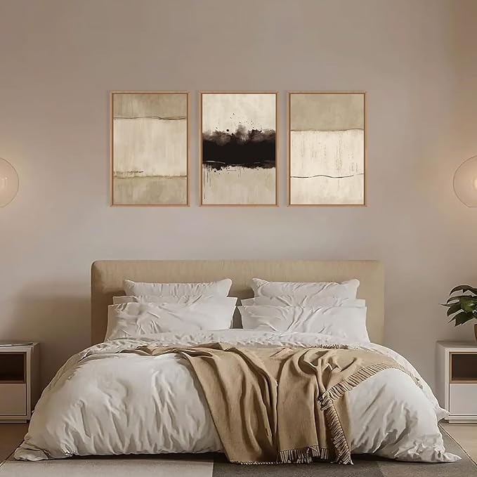 Ausril Large Neutral Textured Framed Canvas Wall Art Set, Minimalist Beige Shapes Wall Decor, Abstract Grunge Landscape Wall Painting, Modern Textured Art Prints for Living Room, Bedroom 16"x24"x3