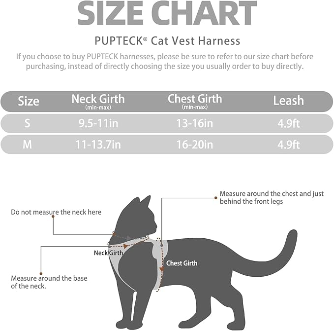 PUPTECK Cat Harness and Leash Set Escape Proof Reflective Cat Walking Harness Adjustable Soft Breathable Mesh Vest for Small Pets, Grey, S