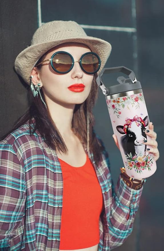 30oz Cow Print Tumbler with Handle and Straw， Just A Girl Who Loves Cows， Cow and Flower Coffee Cup， Stainless Steel Vacuum Insulated Tumbler, Cow Stuff Accessories Decor, Cow Gifts for Women
