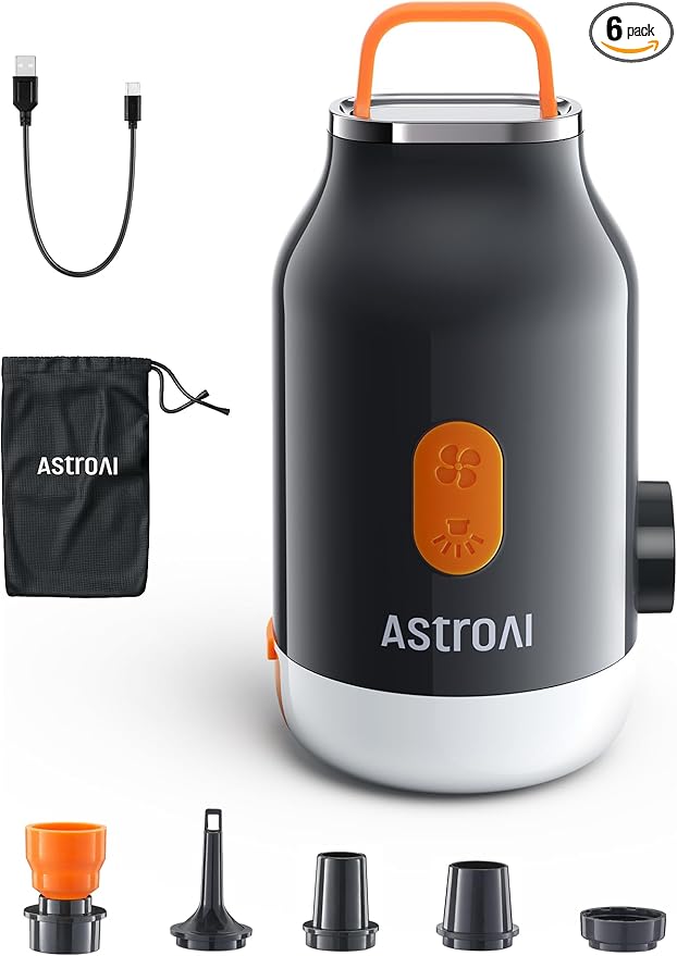AstroAI Mini Air Pump for Inflatables with 3000mAh Battery Portable Air Mattress Pump with Camping Lantern Electric Air Pump with 5 Nozzles Inflate & Deflate Air Mattress, Vacuum Storage Bags Gray