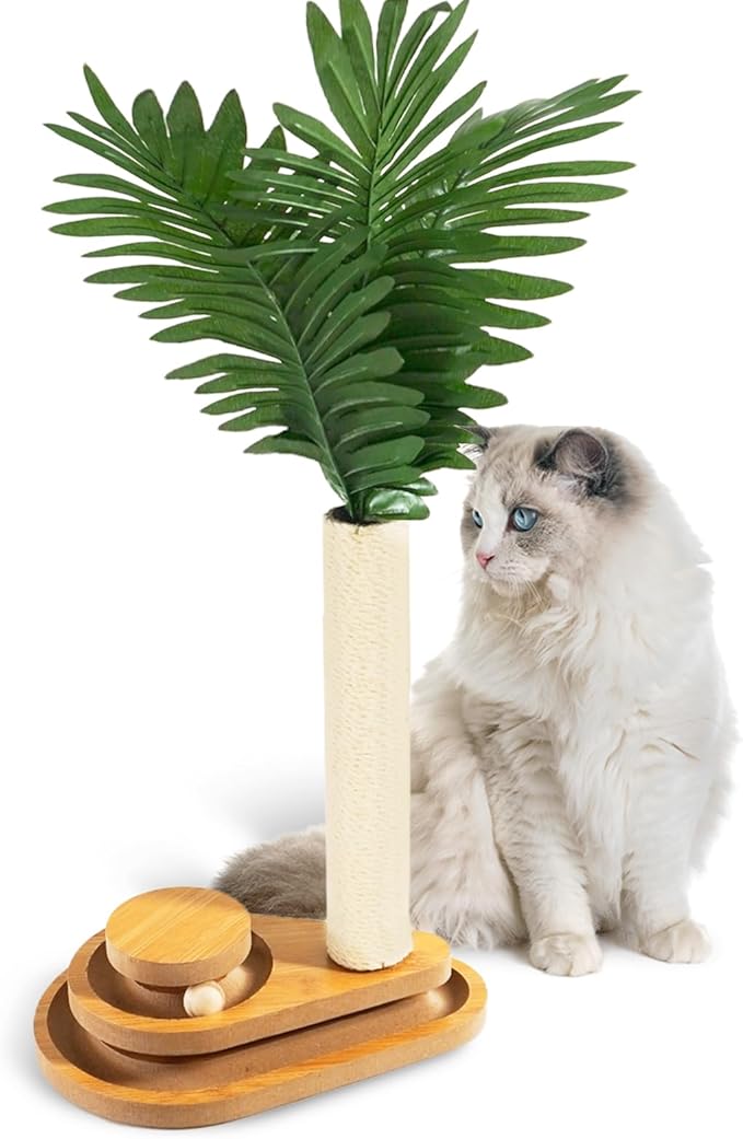 TONY HOBY Cat Scratching Post, Sisal Scratching Pole with Leaves, Interactive Cat Toy for Small Medium Cats (23.6 in, White)