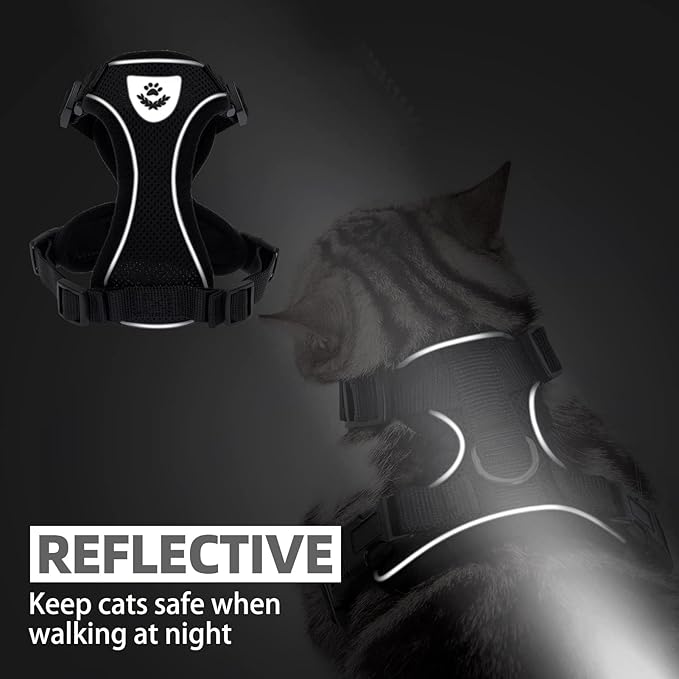 PUPTECK Cat Harness and Leash Set Escape Proof Reflective Cat Walking Harness Adjustable Soft Breathable Mesh Vest for Small Pets, Black, L