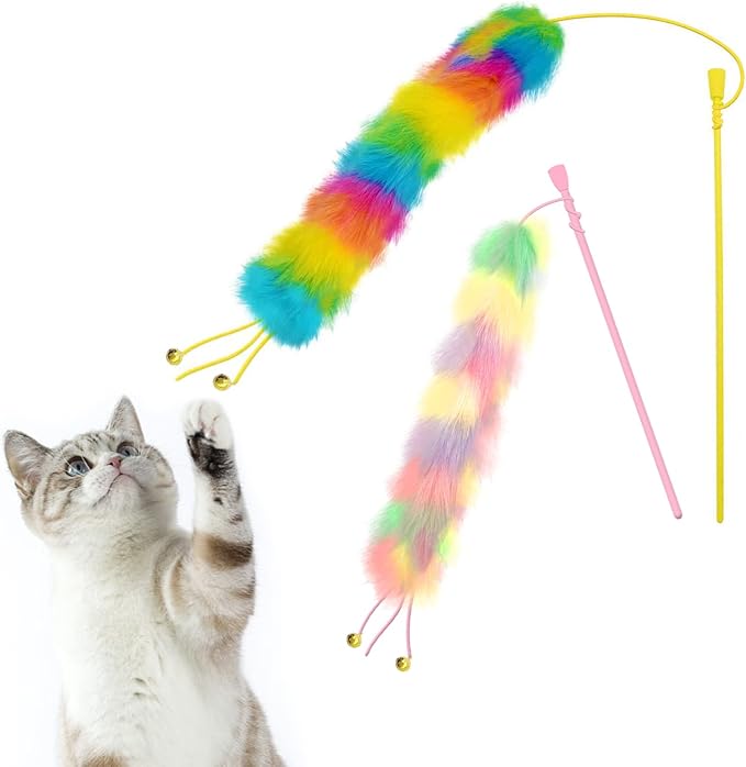 2 Pack Cat Wand Toy, Rainbow Cat Feather Toys with Bells, Cat Teaser Wand with Soft Furry Tail, Interactive Cat Toys for Indoor Cats & Kitten & Kitty