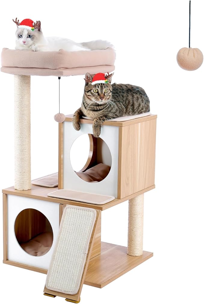 PAWZ Road Cat Tree 35 Inches Wooden Cat Tower with Double Condos, Spacious Perch, Fully Wrapped Scratching Sisal Posts and Replaceable Dangling Balls-Walnut