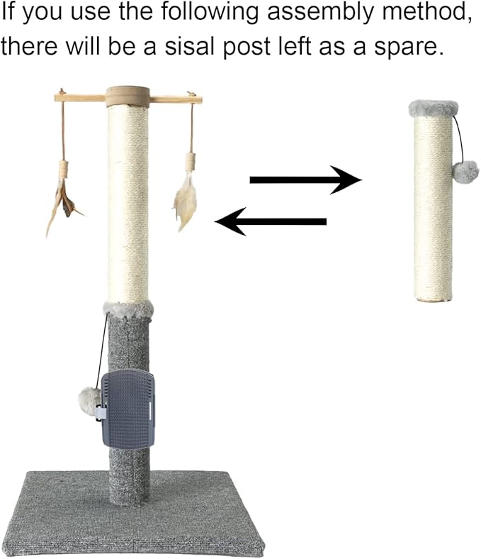 PAWSFANS Cat Scratching Post,Sisal Scratch Posts Vertical Scratcher for Indoor Cats and Kittens,with self Grooming Bursh and Interactive Toys 30 Inches Tall Grey