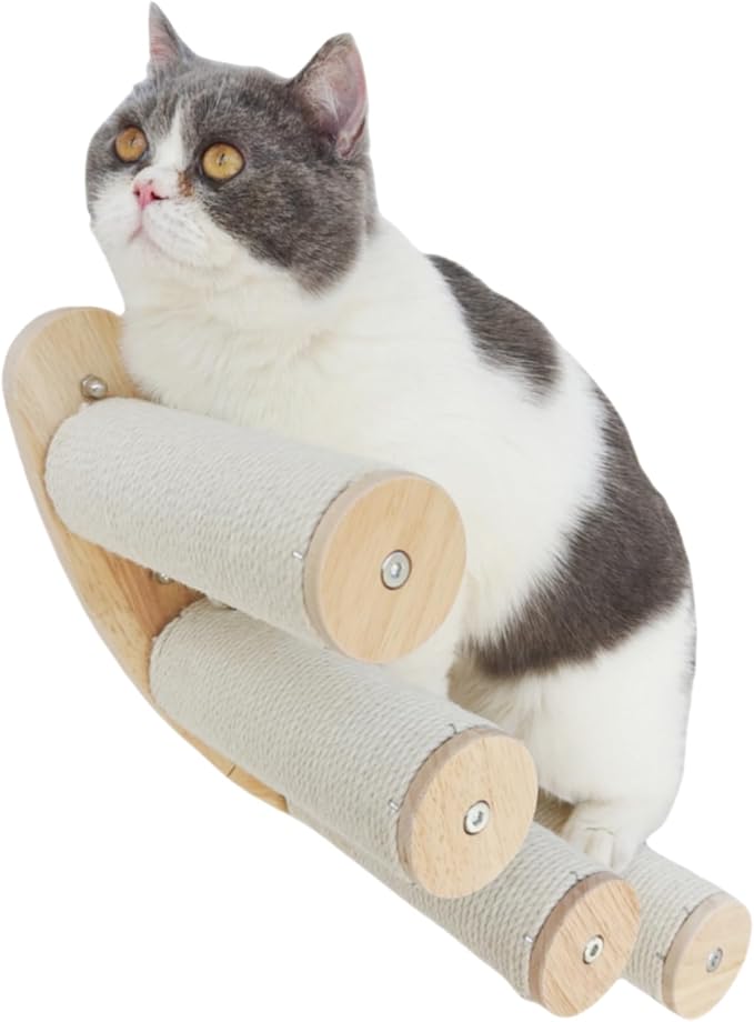 Cat Scratching Staircase, Wooden Climbing Post for Cats, Stairway Design Cat Climbing Shelf Wall Mounted, Four Step Cat Stairway with Jute Scratching for Cats Perch Platform (Round-Ladder)