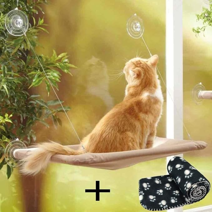 JZK Cat Window cat hammock + cat blanket, suction cup pet hanging bed and pet black blanket for cat perch