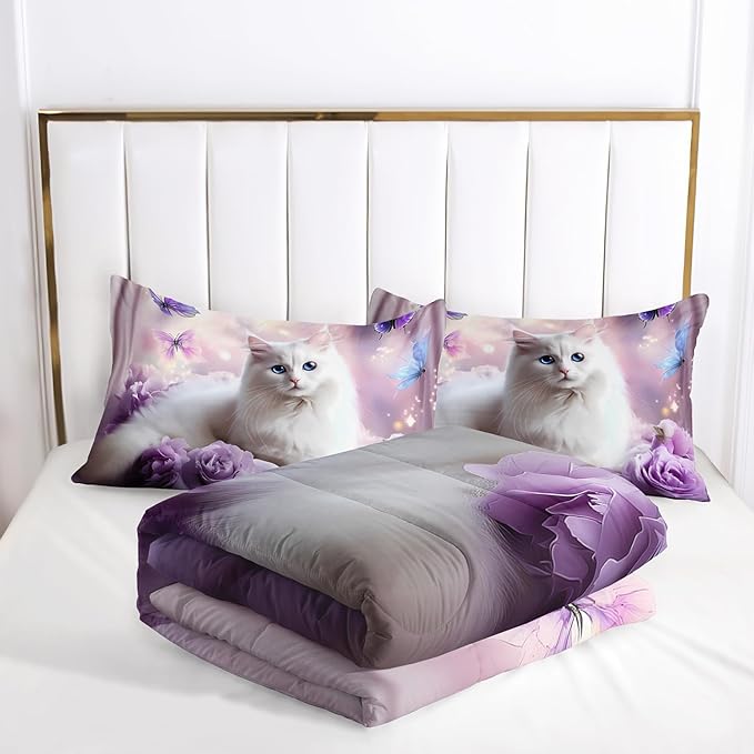 AILONEN Girls Cat Kitten Comforter Set Full Size,Purple Rose Butterfly Cat Princess Kids Bedding Set,White Cat Comforter with 2 Pillowcases,Beautiful Cat Duvet Set 3 Pieces