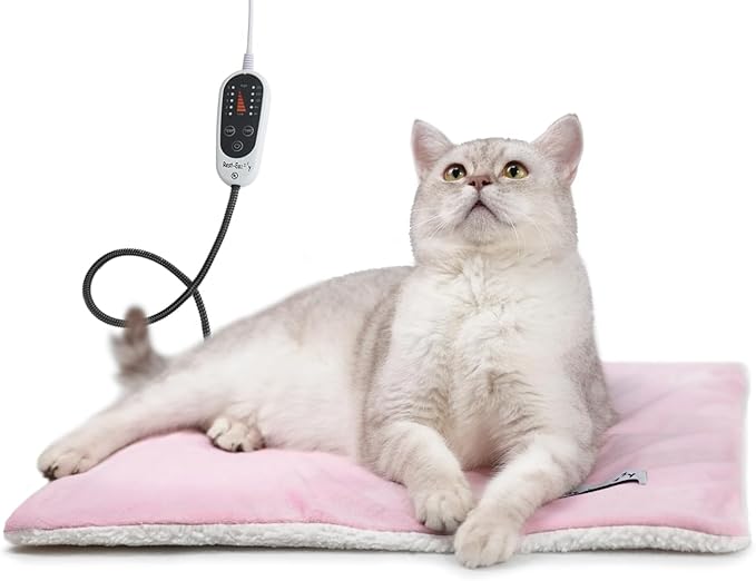 Rest-Eazzzy Cat Heating Pad, Cat Bed with Removable Cover Heated Cat Bed 5 Level Timer and 5 Level Temperature, Cat Beds for Indoor Warming Mat for Cat Dog (Heat pad, Pure-Pink)