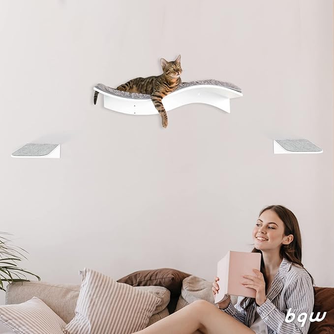 Cat Shelf Wall Mounted Floating Cat Shelf Bed Furniture Climbing Wall for Cat Perching Sleeping Lounging with 2 Steps (Waved)