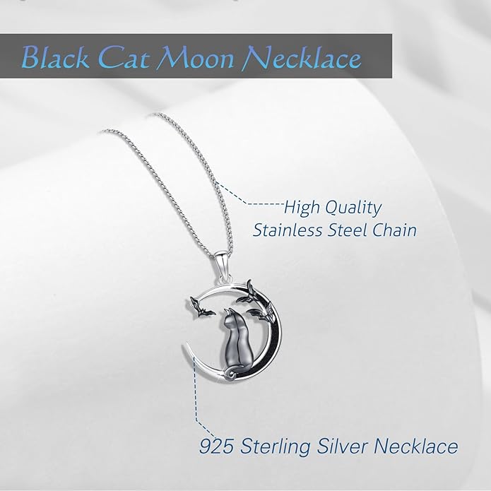 AUDINCCED Black Cat Necklace Turtle Necklace Gothic Jewelry Butterfly Necklace Cat Necklace 925 Sterling Silver Crescent Moon Necklace for Women Cat Gifts for Cat Lovers
