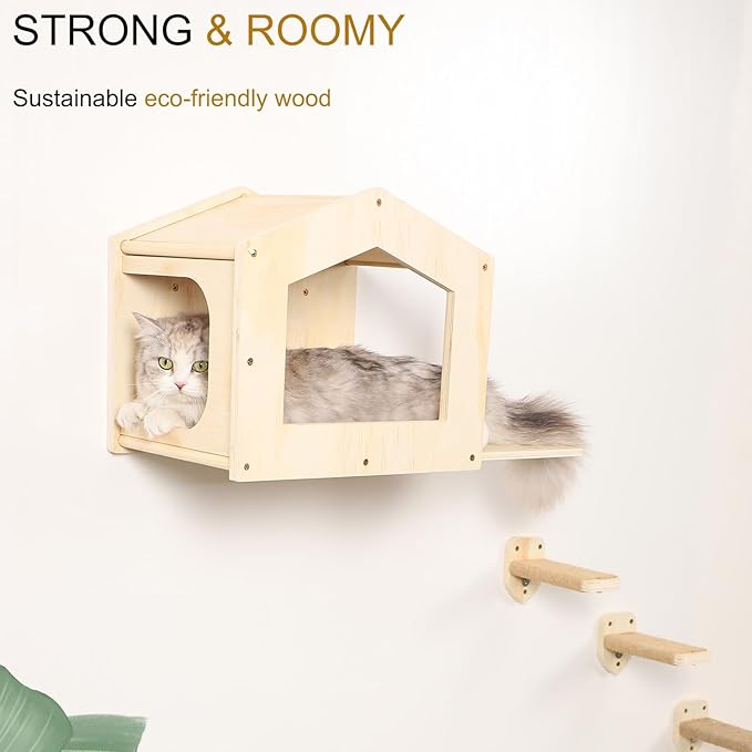 Cat Wall Shelves, Cat Shelves for Wall, Cat House Wall Furniture, Cat Condo Shelf with 3 Steps Scratching Post, Cat Bed Hammock Wall Mounted, Climbing Shelf Wall Mount for Indoor Cats (Wood)