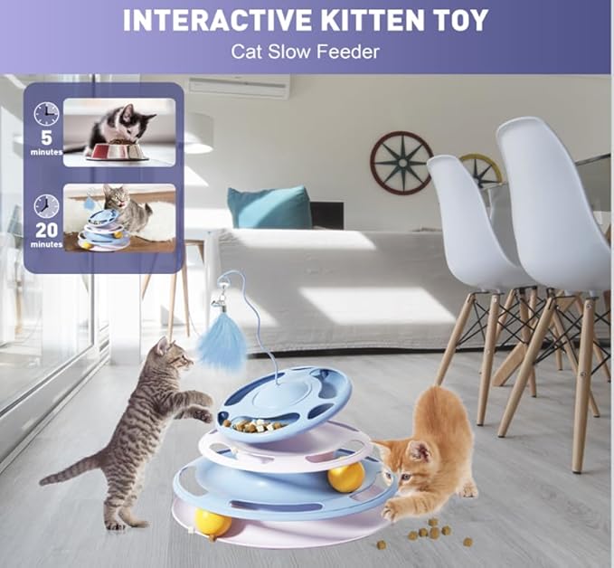 2 in 1 Cat Interactive Toy Roller 3-Level Turntable Cat Toy Ball Track Cat Ball Tower Cat Slow Feeder Food Dispenser Cat Kitten Wand (Green)