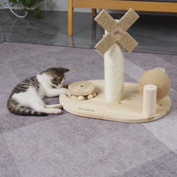 Cat Scratching Post, Cat Scratcher, Kitten Toys for Indoor,Cats Wooden Ball Track Windmill Shaped Sisal 14.5" Tall Scratch Post,Rolling Sisal Cat Scratching Ball