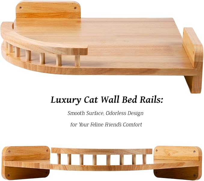 Cat Wall Shelves, Corner Cat Shelf with 3 Cat Wall Steps, Cat Shelves for Wall Large Cats Set, Cat Wall Bed with Plush Covered, Wall Mounted Cat Climbing Shelf for Indoor Cats (RubberWood)