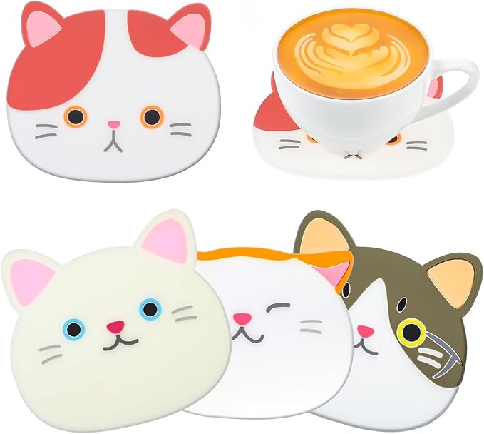 4Pcs Funny Cat Coasters for Drinks, Cute Cat Cup Holder, Silicone Small Coasters for Coffee Table Dinning Room Desk Decorations Non Slip Hot Pads for Beverage Drink Tea Home Gift Idea