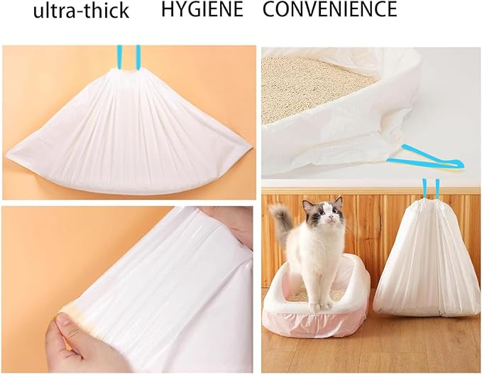20 Count Cat Drawstring Litter Box Liners 26.6x16.7 inches 2Mils Super Thick White Cat Litter Waste Bags Poop Bags for Self-Cleaning Litter Box Cat Litter Pan Trays (Blue Drawstring 20 count)