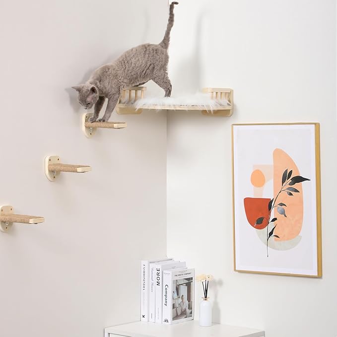Cat Wall Shelves, Cat Shelves and Perches for Wall, Corner Cat Shelf, Cat Wall Furniture with 3 Steps Scratch Post, Cat Bed Hammock with Plush Covered, Climbing Shelf for Indoor Cats (Wood)