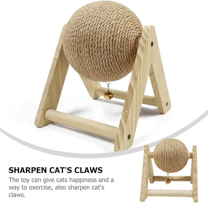 ABOOFAN Cat Scratcher Toy with Sisal Ball Cats Scratching Rope Ball Interactive Rotatable Wood Pet Scratcher Toys Durable for Indoor Kitties to Grind Claws Pet Furniture Supplies