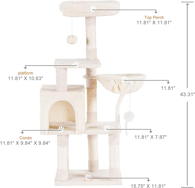 Heybly Cat Tree with Toy, Cat Tower condo for Indoor Cats, Cat House with Padded Plush Perch, Cozy Hammock and Sisal Scratching Posts, Beige HCT004SM
