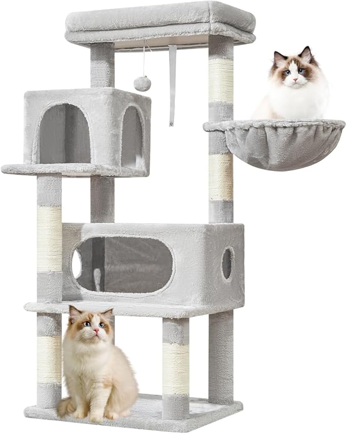 Taoqimiao Cat Tree,48.8-Inch Cat Tower for Indoor Cats,2 Luxurious cat condo with Adjustable Large Hanging Baskets and Large Luxurious Perch Light Gray MS029LW