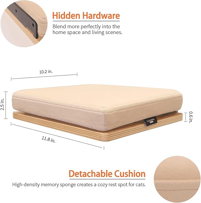 Cat Shelves Wall Mounted Cat Step with Cushion Wooden Cat Climbing Shelf Cat Wall Furniture for Sleeping and Playing 11.8"x10.2", Support to 40 LBS(White Oak)