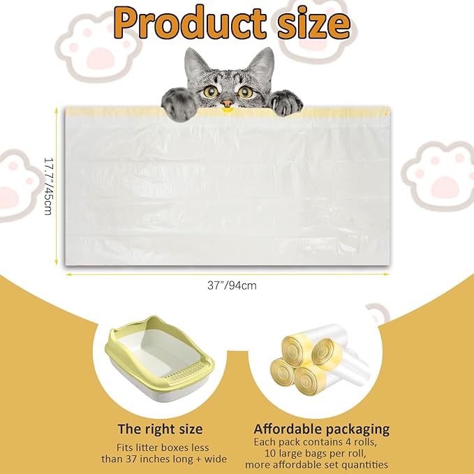 40 Drawstring Litter Box Liners Large, 37" x 17.7" 2.5MIL Extra Thick Jumbo Kitty Litter Pan Bags Heavy Duty, 30 Lbs Load Capacity, Use for Large Litter Boxes