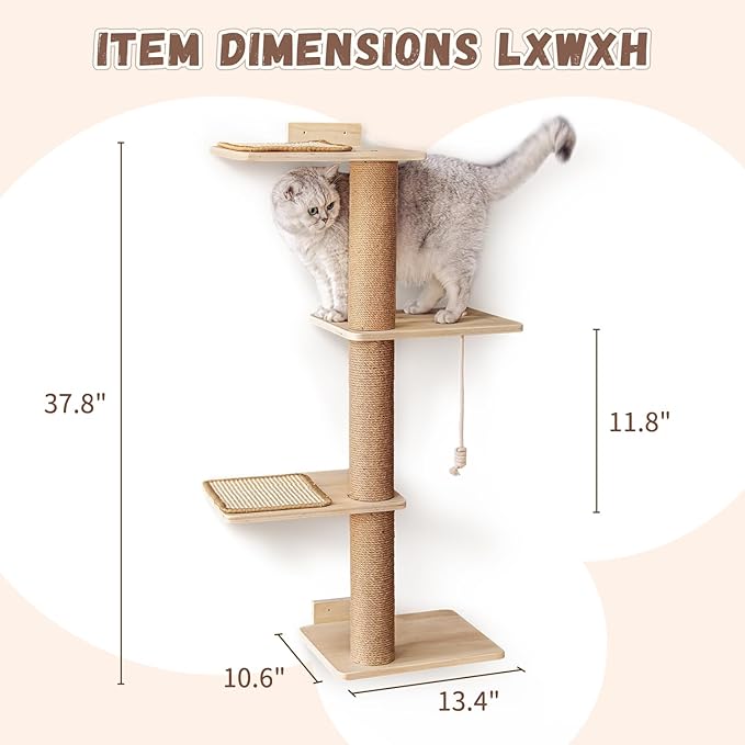 Cat Scratching Activity Tree Cat Climbing Tall, Wall Mounted Cat Climbing Tower 4 Tier, Natural Sisal Rope Cat Scratching Post