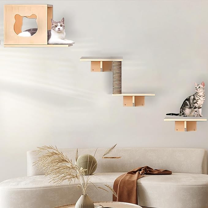 Cat Wall Shelves, Cat Wall Furniture, Cat Shelves and Perches for Wall, Cat Wall Steps Set with 1 Cat Condos House, 3 Cat perches, 1 Sisal Cat Scratching Post (C)